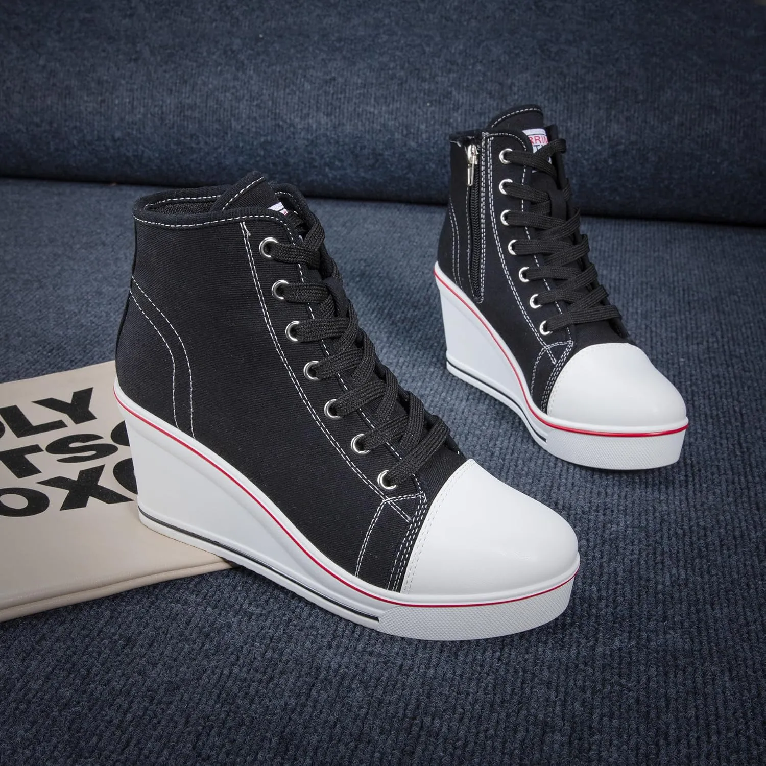 Wedge Sneakers for Women, High Heel Platform High Top Canvas Shoes Lace up Zipper Fashion Sneakers, Tenis Zapatos de Cuña Plataforma Tacón para Mujer, Suitbale for Y2K & Harley Quinn Cosplay
