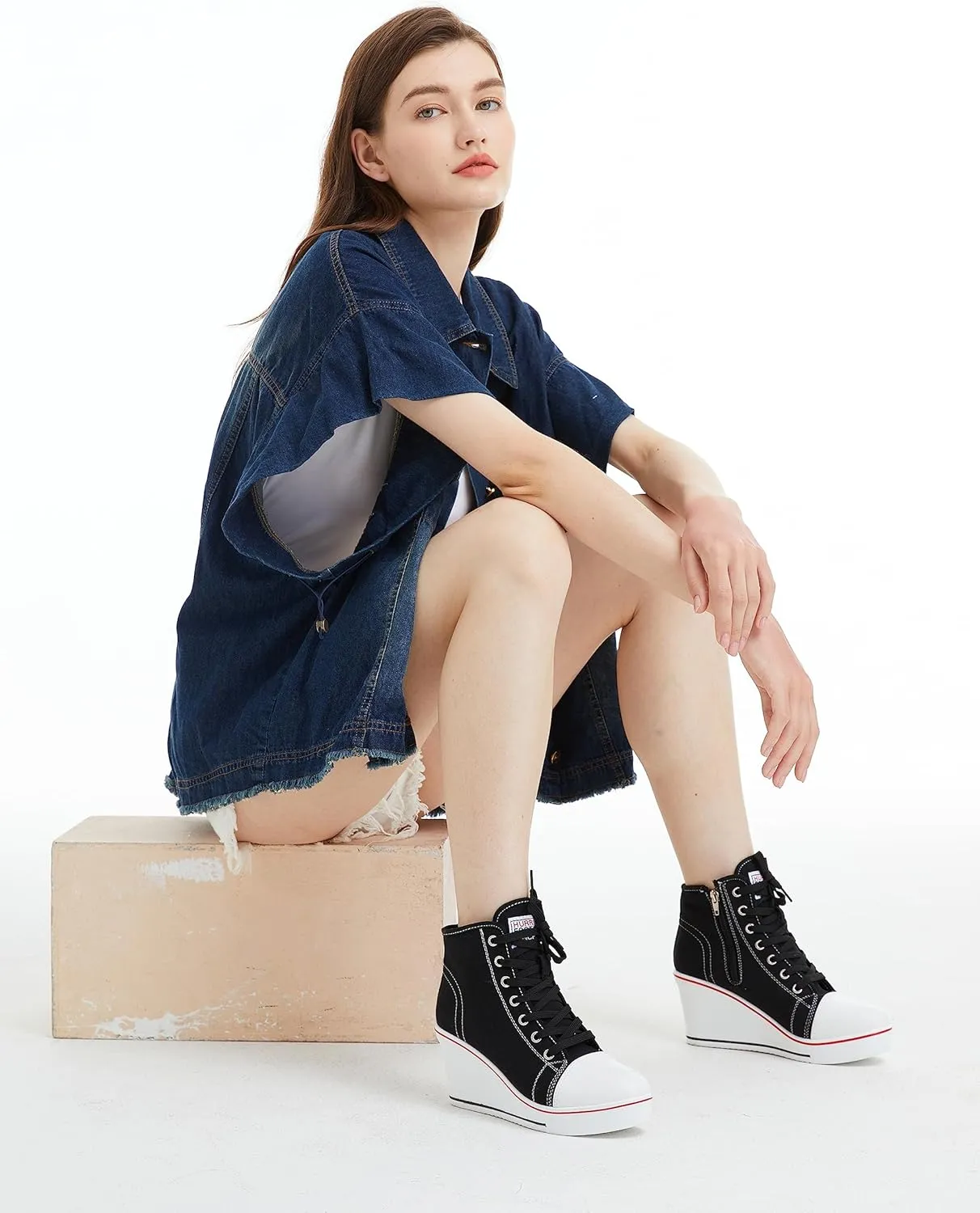Wedge Sneakers for Women, High Heel Platform High Top Canvas Shoes Lace up Zipper Fashion Sneakers, Tenis Zapatos de Cuña Plataforma Tacón para Mujer, Suitbale for Y2K & Harley Quinn Cosplay