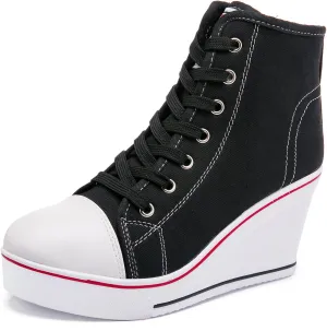 Wedge Sneakers for Women, High Heel Platform High Top Canvas Shoes Lace up Zipper Fashion Sneakers, Tenis Zapatos de Cuña Plataforma Tacón para Mujer, Suitbale for Y2K & Harley Quinn Cosplay