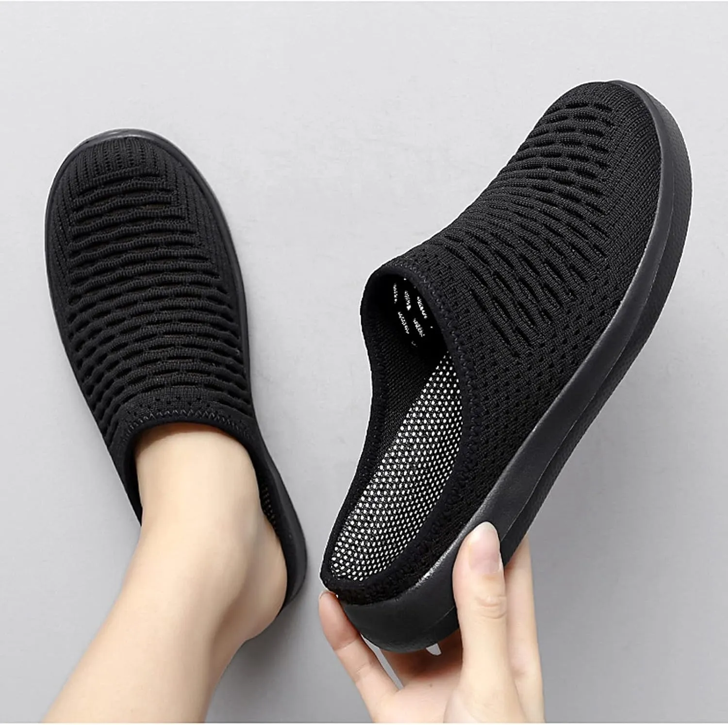 WENOREG Women's Platform Hollow Out Slip On Lightweight Mule Sneakers,Summer Open Back Flats Fashion Mesh Breathe Comfort Walking Shoes Closed Round Toe Low Top Loafer