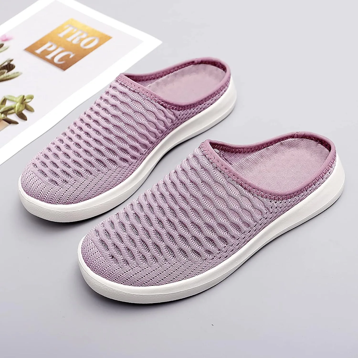 WENOREG Women's Platform Hollow Out Slip On Lightweight Mule Sneakers,Summer Open Back Flats Fashion Mesh Breathe Comfort Walking Shoes Closed Round Toe Low Top Loafer