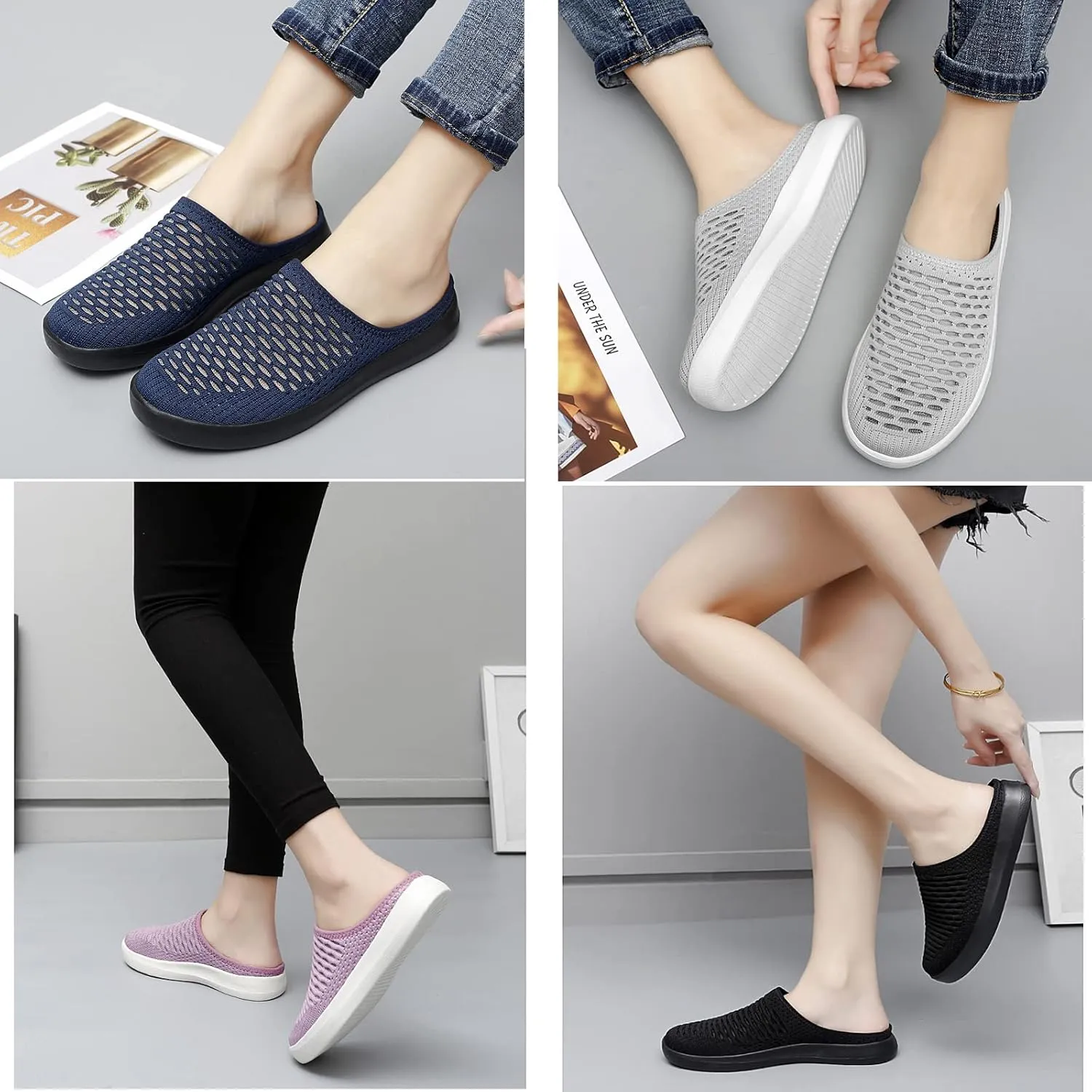 WENOREG Women's Platform Hollow Out Slip On Lightweight Mule Sneakers,Summer Open Back Flats Fashion Mesh Breathe Comfort Walking Shoes Closed Round Toe Low Top Loafer