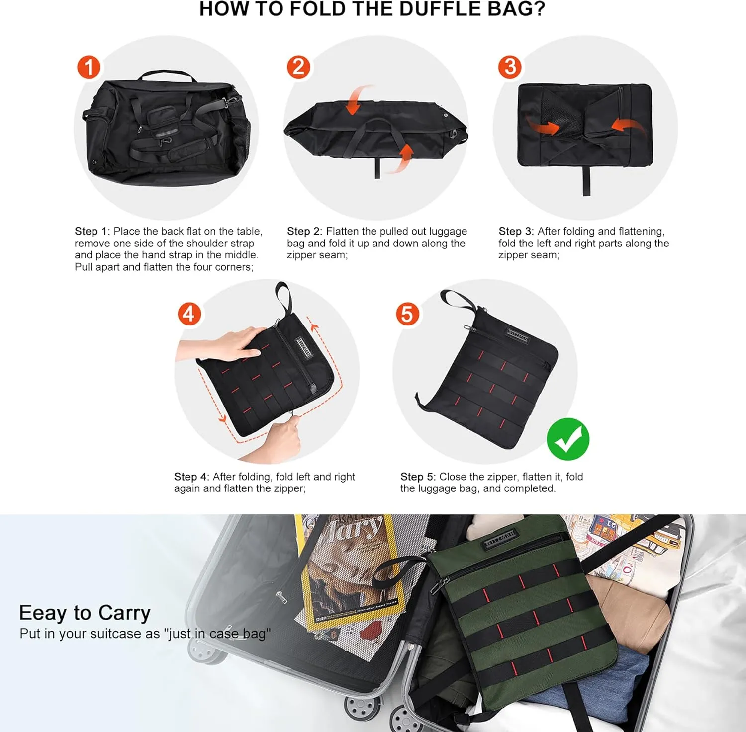 WITZMAN Foldable Duffle Bag for Travel 65L Lightweight Packable Duffel Bag with Shoes Compartment Overnight Bag for Men Women (B697 Army Green）