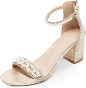 WOJWSKI Women's Heels Sandals for Women Open Toe Fashion Pearls Platform Heeled Sandals Ankle Strap Block Chunky Low Heel Pump Sandal Party Wedding Dress Shoe