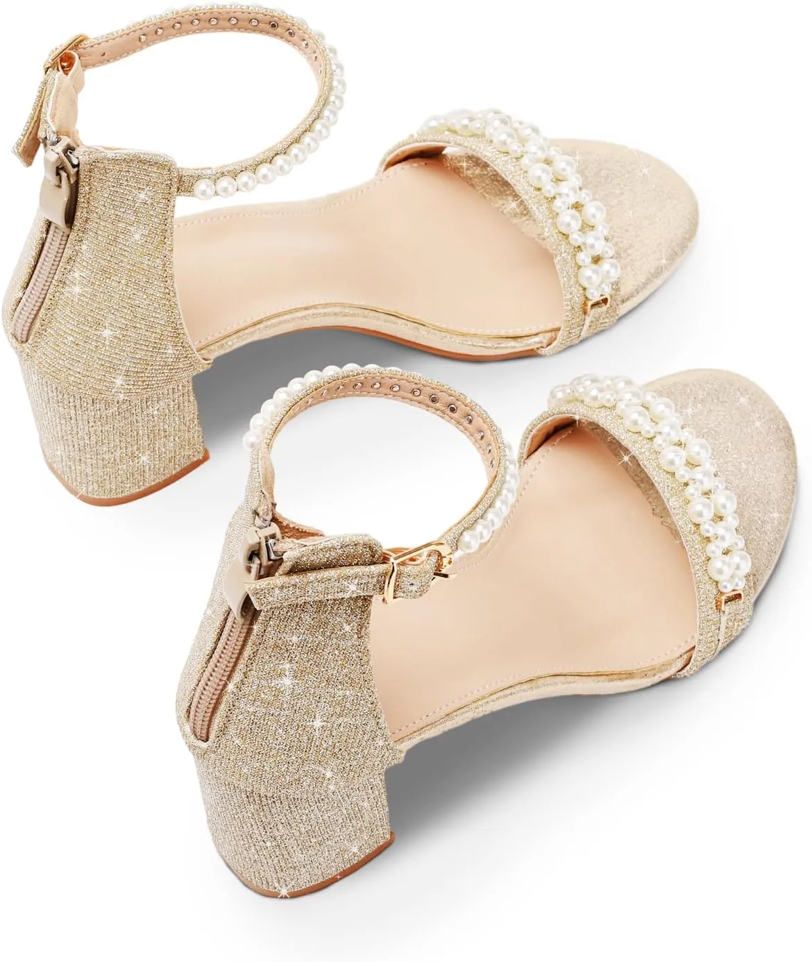 WOJWSKI Women's Heels Sandals for Women Open Toe Fashion Pearls Platform Heeled Sandals Ankle Strap Block Chunky Low Heel Pump Sandal Party Wedding Dress Shoe