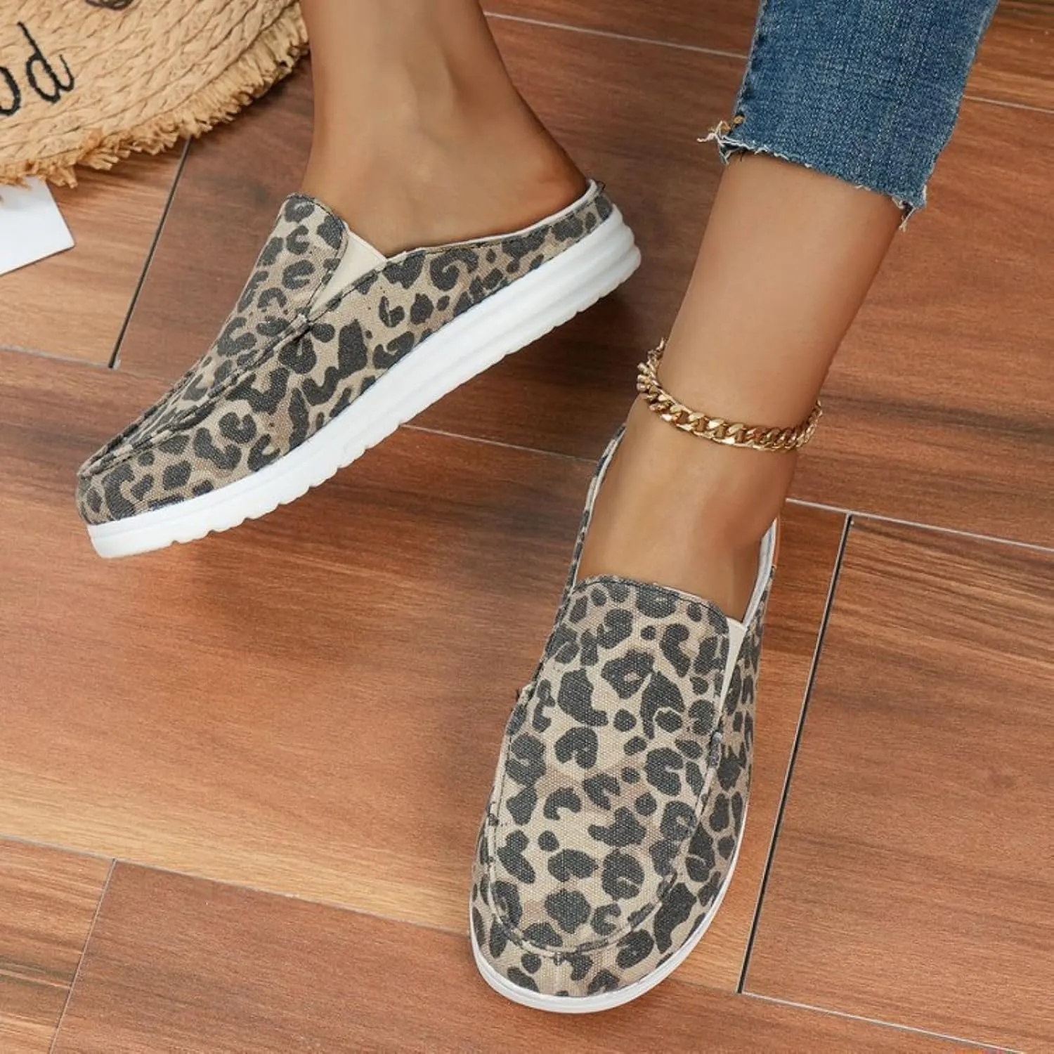 Women Canvas Slip On Lightweight Mule Sneaker Summer Fashion Open Back Flats, Closed Round Toe Low Top Loafer Casual Comfort Walking Sandals