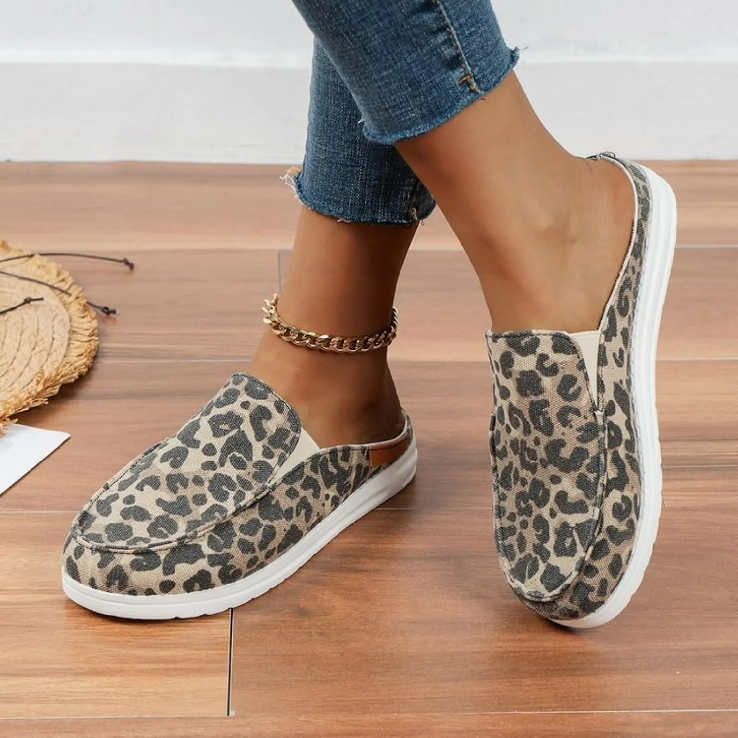 Women Canvas Slip On Lightweight Mule Sneaker Summer Fashion Open Back Flats, Closed Round Toe Low Top Loafer Casual Comfort Walking Sandals