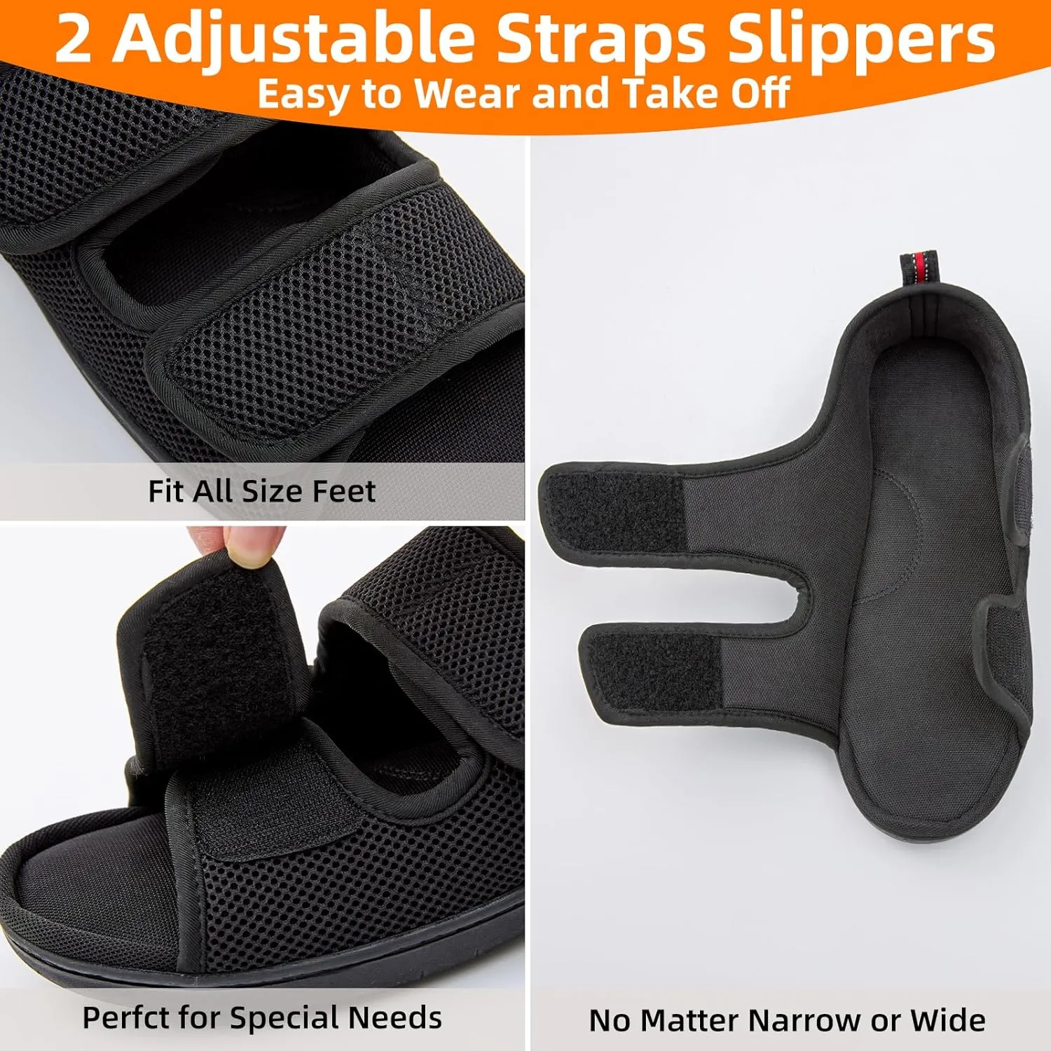 Women Men's Open Toe Diabetic Recovery Slippers Adjustable Slipper with Anti-Slip Indoor Outdoor Sole Grey Black Beige Color US6-US13