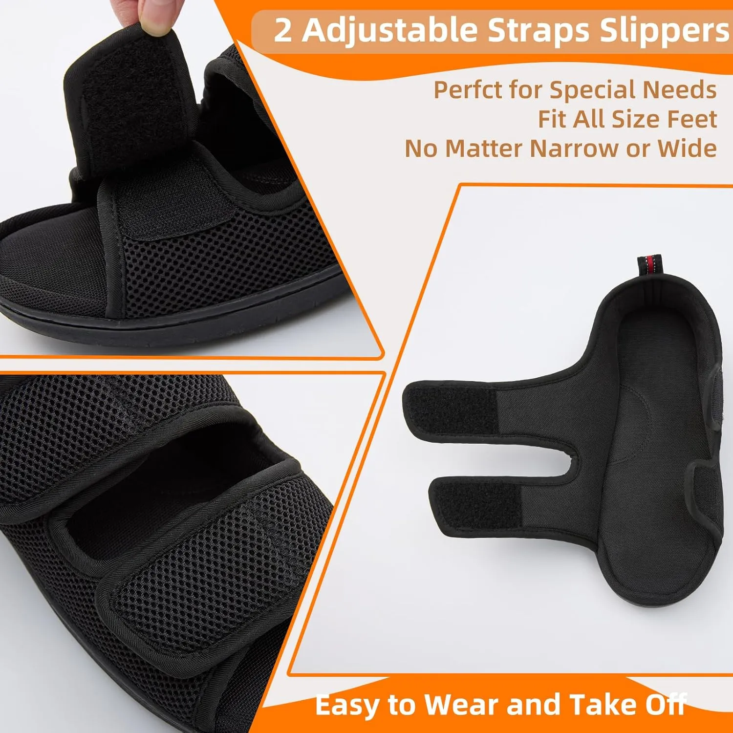 Women Men's Open Toe Diabetic Recovery Slippers Adjustable Slipper with Anti-Slip Indoor Outdoor Sole Grey Black Beige Color US6-US13