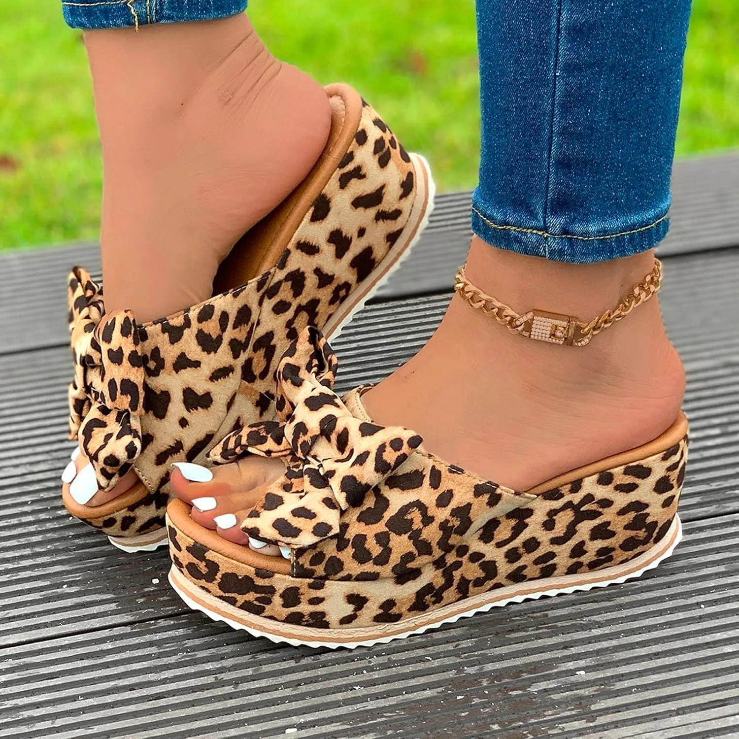 Women Platform Beach Slippers Wedge Heel Flip Flops Shoes Sandals Wide Width Slip On Peep Toe with Bow Non-Slip Summer Slingback Slipper Vacation Travel Outdoor Going Out Flip Flops