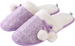 Women Pom Knit House Slipper, Warm Plush Memory Foam Slip on Bedroom Shoes