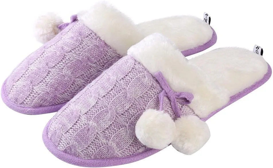 Women Pom Knit House Slipper, Warm Plush Memory Foam Slip on Bedroom Shoes