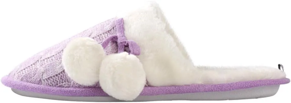 Women Pom Knit House Slipper, Warm Plush Memory Foam Slip on Bedroom Shoes