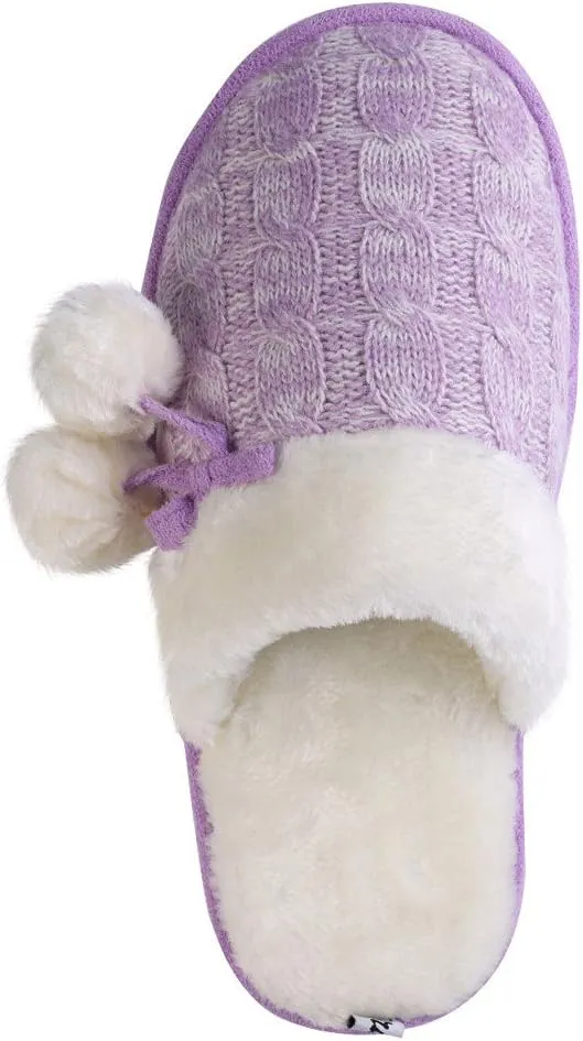 Women Pom Knit House Slipper, Warm Plush Memory Foam Slip on Bedroom Shoes
