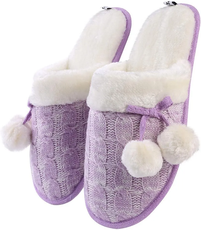 Women Pom Knit House Slipper, Warm Plush Memory Foam Slip on Bedroom Shoes