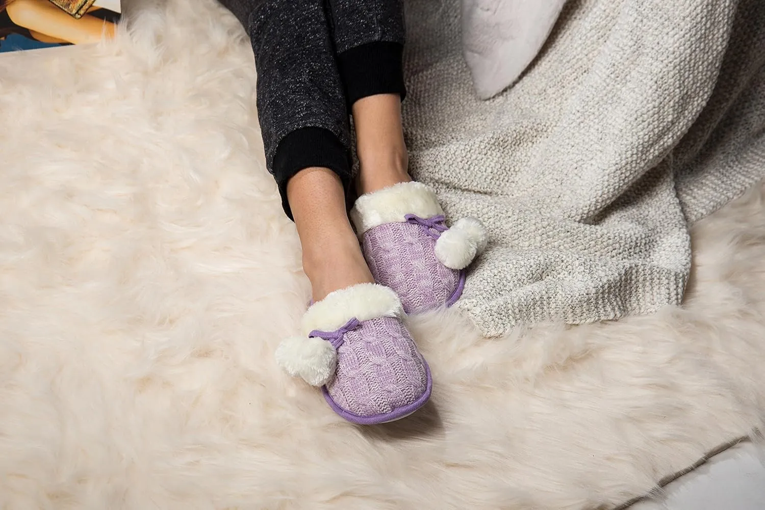 Women Pom Knit House Slipper, Warm Plush Memory Foam Slip on Bedroom Shoes