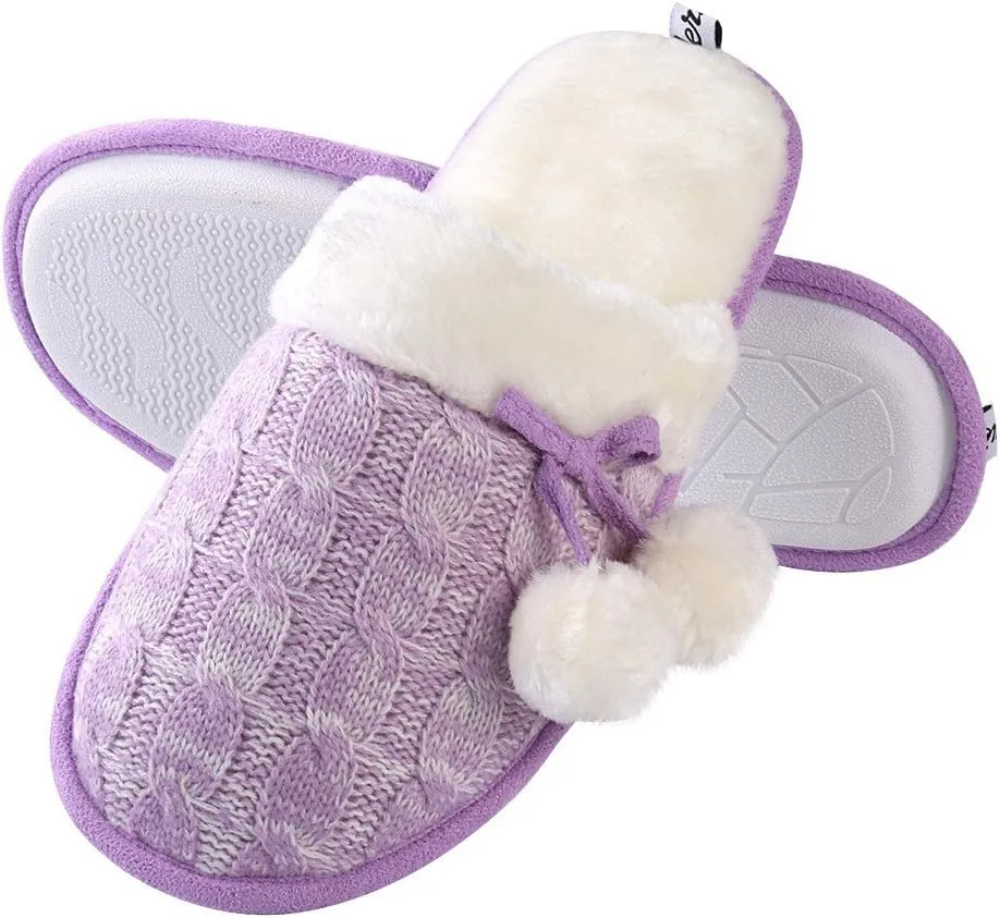 Women Pom Knit House Slipper, Warm Plush Memory Foam Slip on Bedroom Shoes