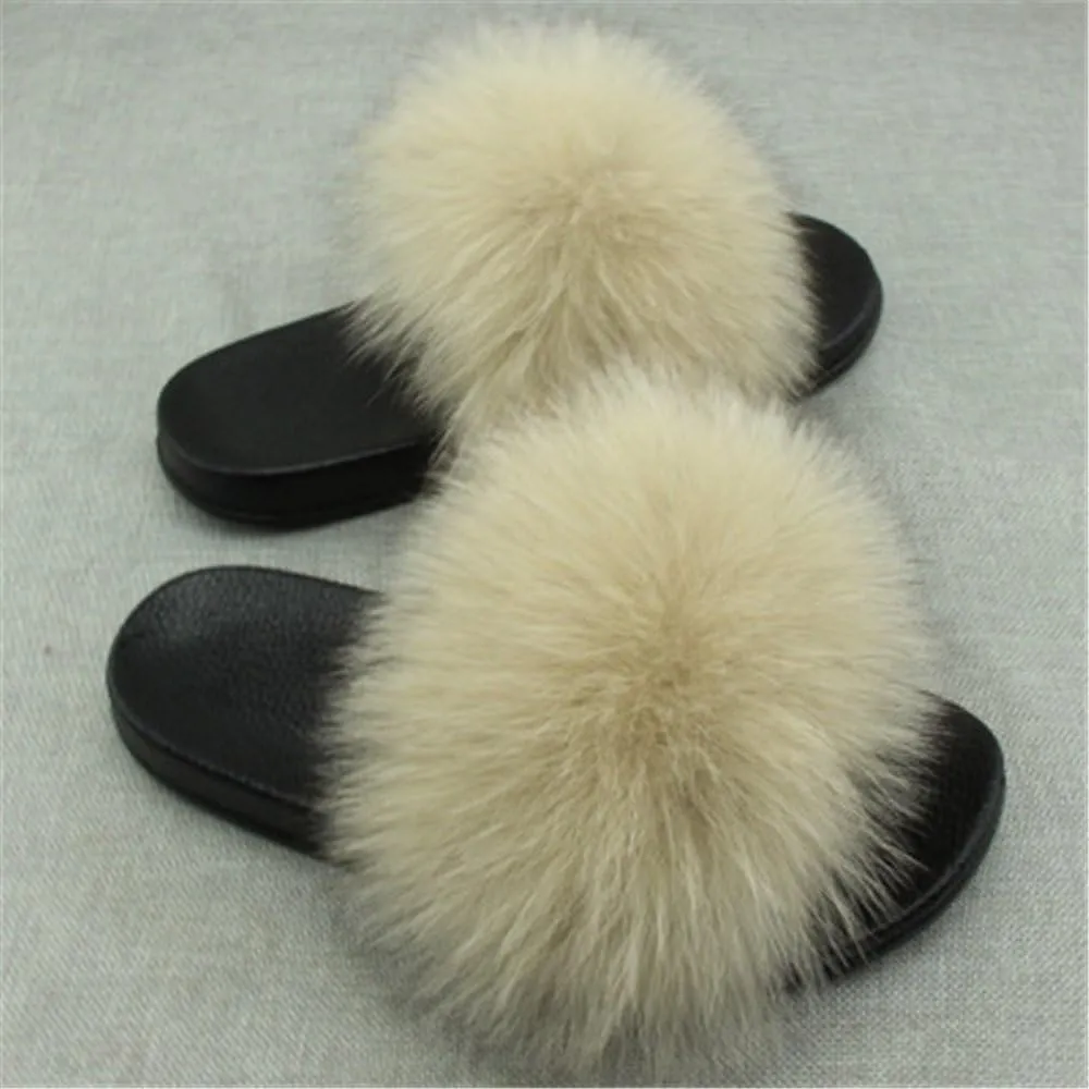 Women Real Fox Fur Feather Vegan Leather Open Toe Single Strap Slip On Sandals Multicolor