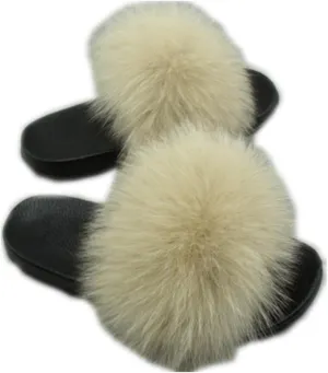 Women Real Fox Fur Feather Vegan Leather Open Toe Single Strap Slip On Sandals Multicolor