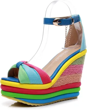 Women Straw Super High Heel Rainbow Sandals,Fish Mouth Wedge Roman Y2K Gladiator Sandal,Adjustable Ankle Strap Stitching Espadrilles Non-Slip Platform Candy Color Party Dress Shoes