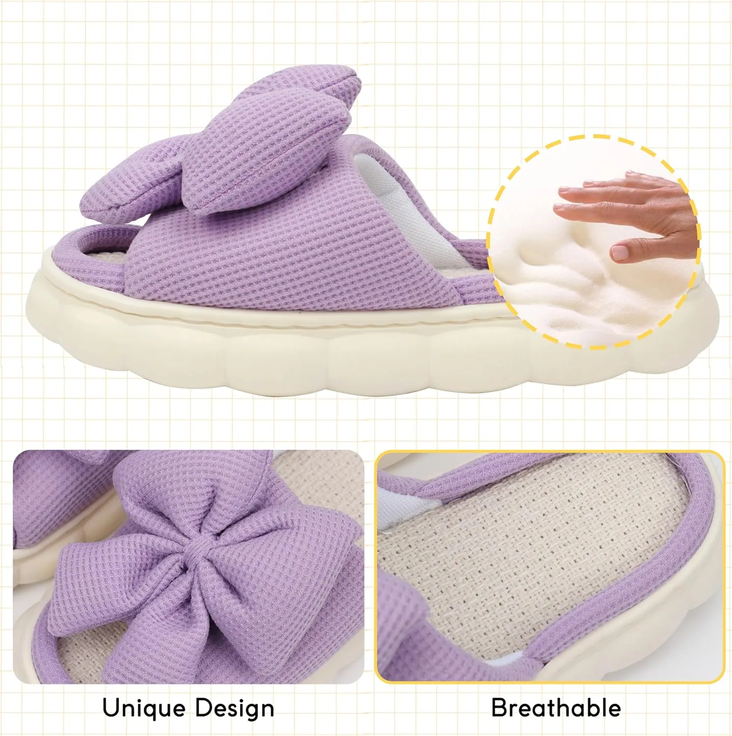 Women Summer Slippers Open Toe Bow Shoes Memory Foam House Slippers Rubber Sole Sandal Indoor Outdoor Birthday Christmas Gifts