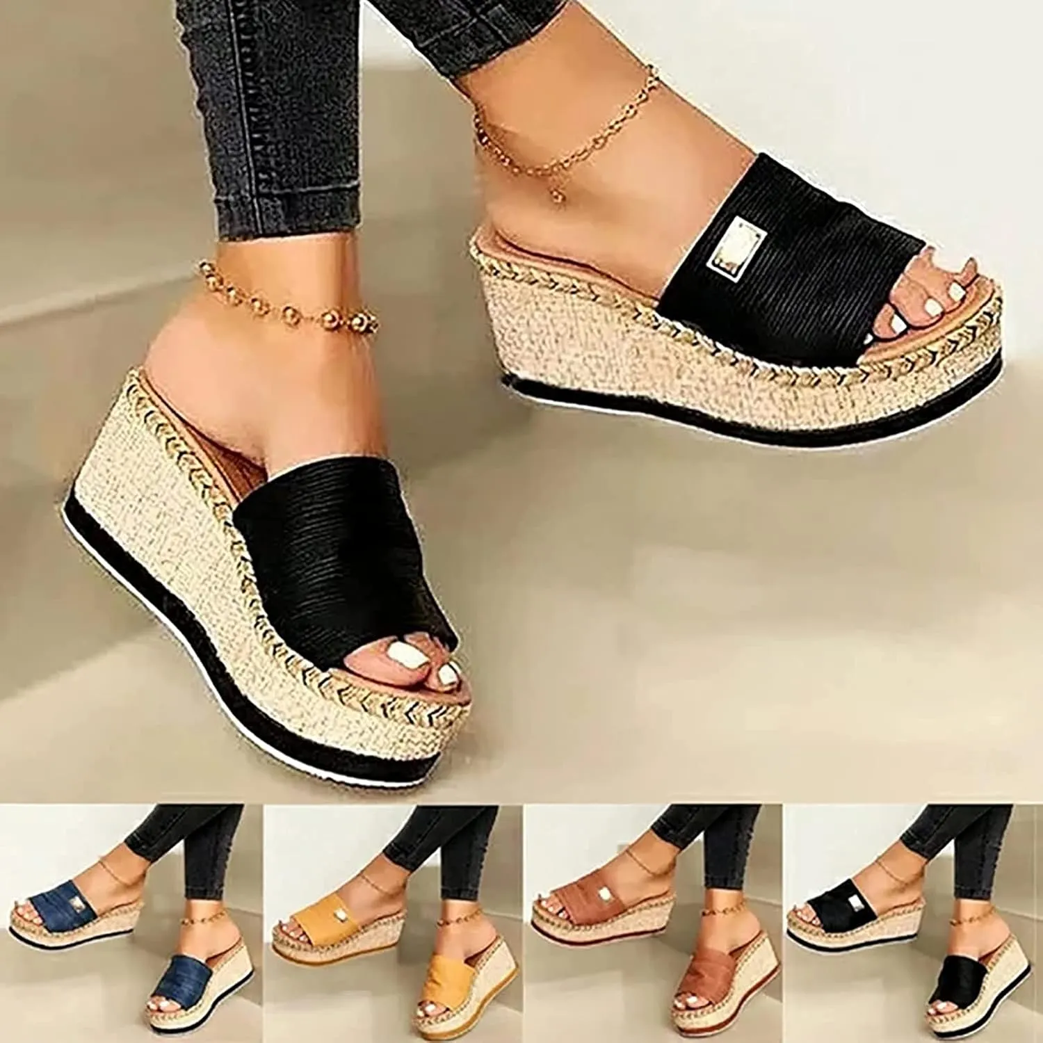 Women Wedges Shoes Mules 2021 Fashion Platform Non-Slip Sandal Summer Beach Home Slip on Slide Slippers Comfortable Walking Shoes Large Size,Blue,US4/EU35
