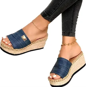 Women Wedges Shoes Mules 2021 Fashion Platform Non-Slip Sandal Summer Beach Home Slip on Slide Slippers Comfortable Walking Shoes Large Size,Blue,US4/EU35