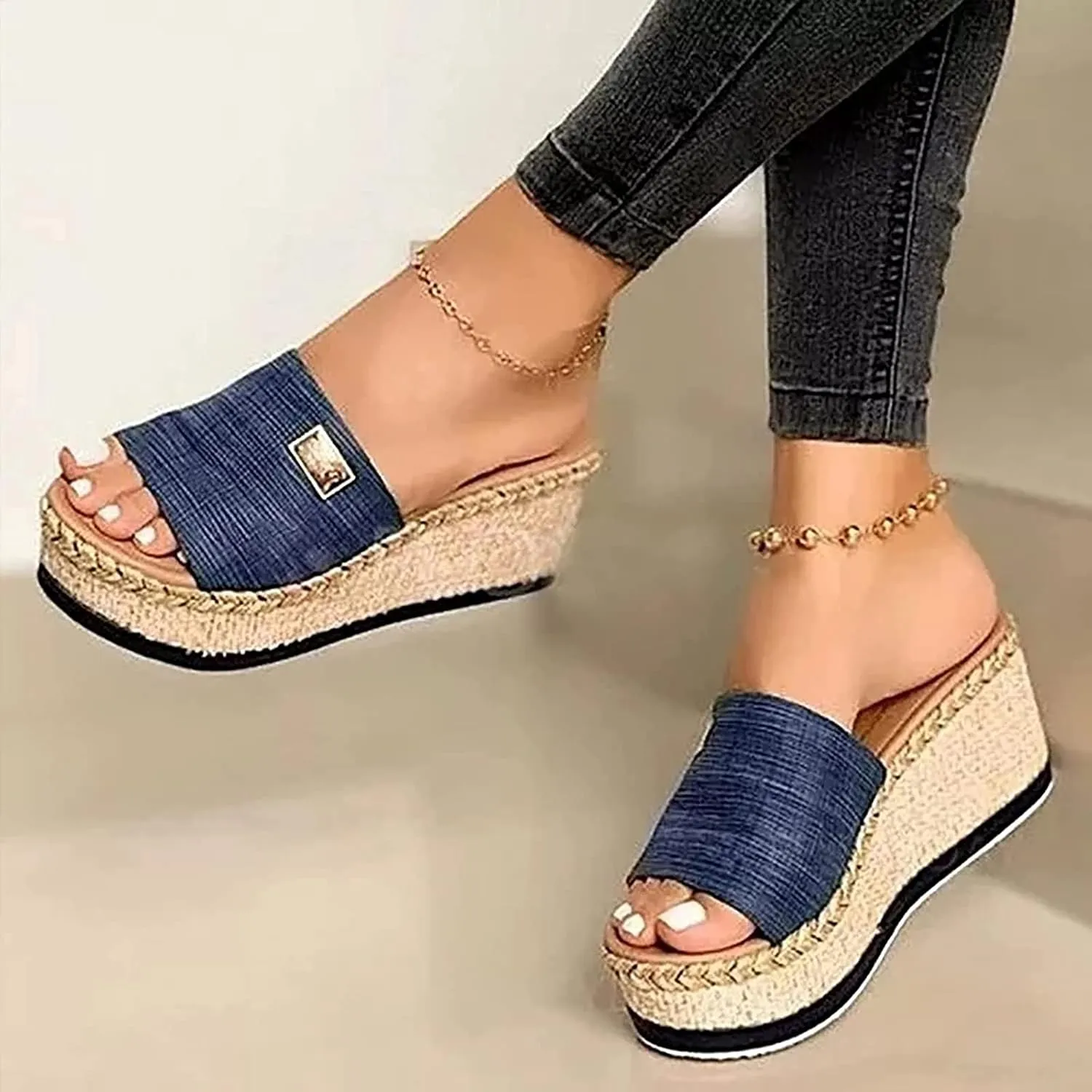 Women Wedges Shoes Mules 2021 Fashion Platform Non-Slip Sandal Summer Beach Home Slip on Slide Slippers Comfortable Walking Shoes Large Size,Blue,US4/EU35