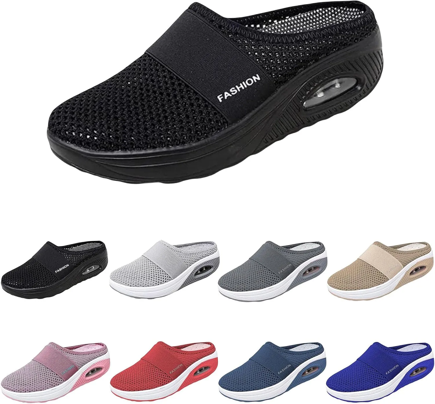 Women's Air Cushion Slip-On Sandals Mesh Orthopedic Diabetic Walking Shoes Breathable Arch Support Shoe Lightweight Platform Sandal Summer Wedge Backless Slippers Casual Mules Sneakers