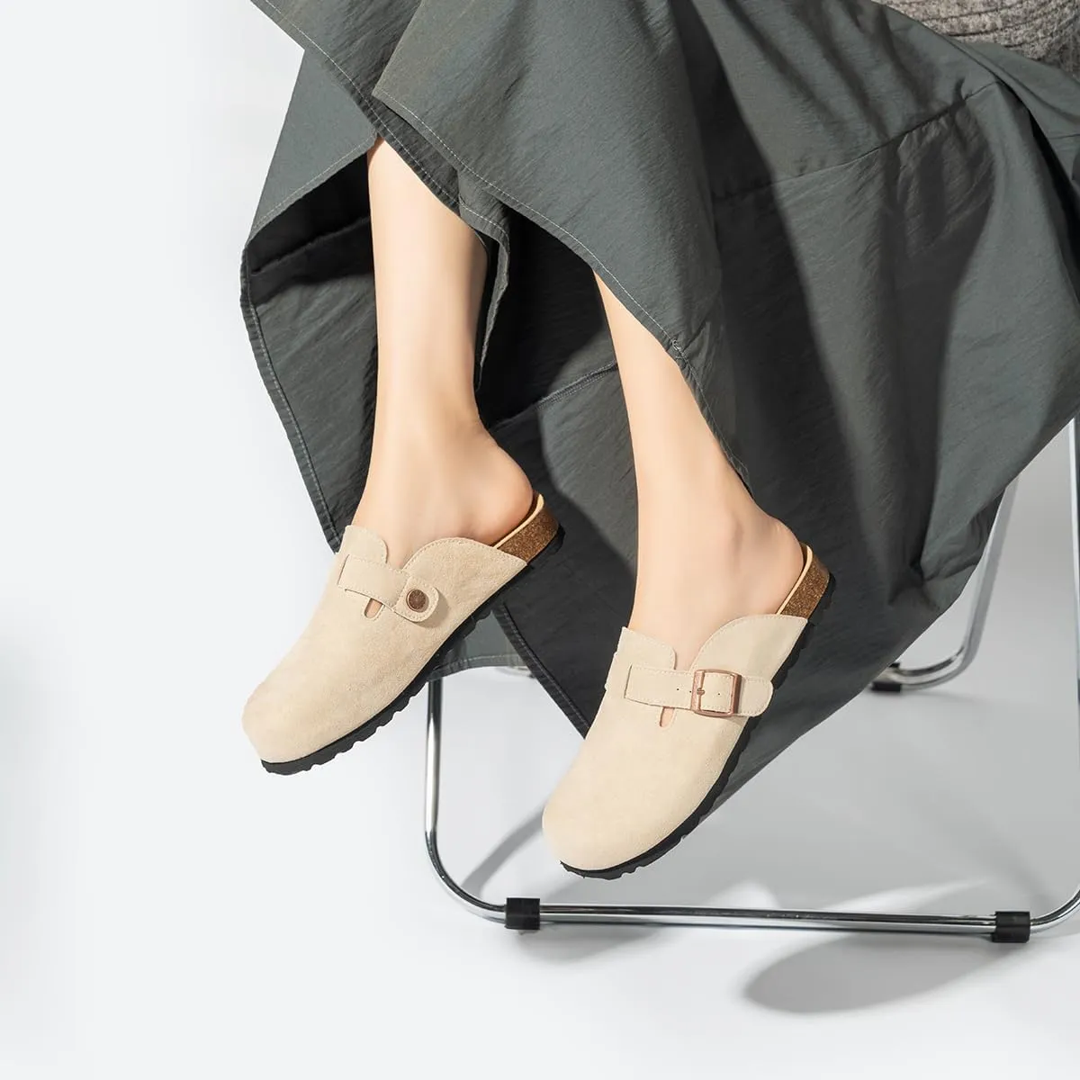 Women's and Men's Cork Suede Clogs and Mules,Soft Leather Sandal,House Slipper,Skin-Friendly Footbed,Adjustable Buckle,Arch Support