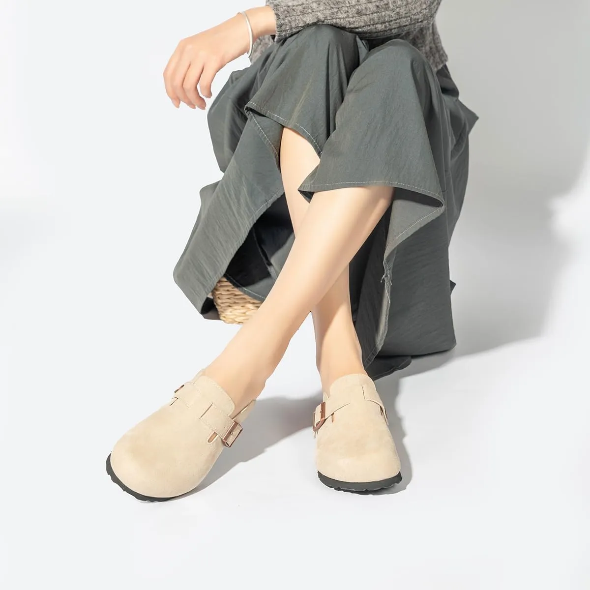 Women's and Men's Cork Suede Clogs and Mules,Soft Leather Sandal,House Slipper,Skin-Friendly Footbed,Adjustable Buckle,Arch Support