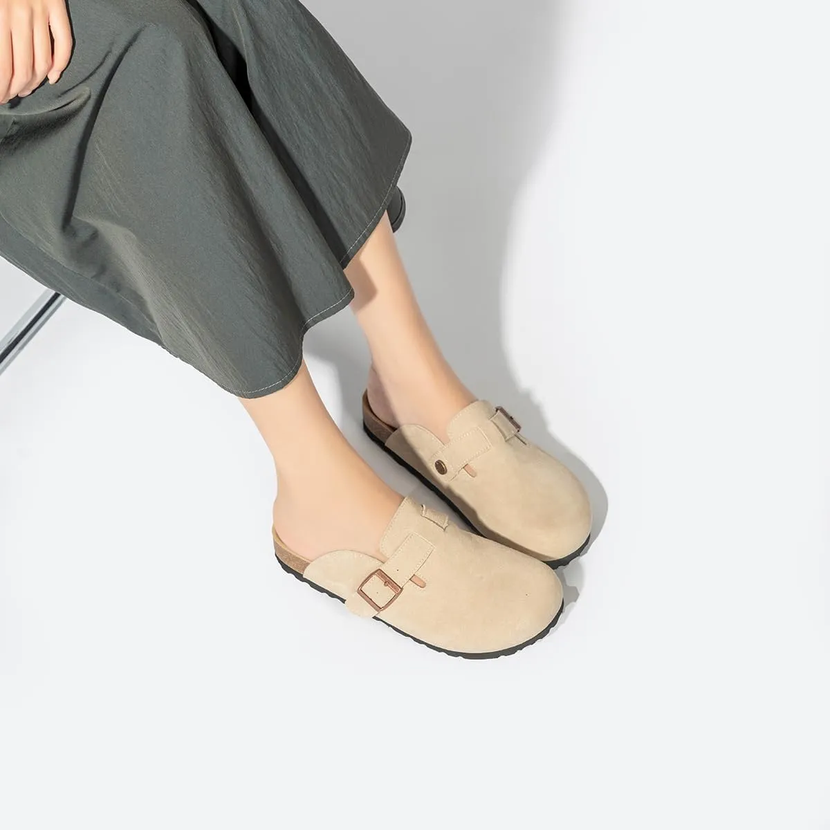Women's and Men's Cork Suede Clogs and Mules,Soft Leather Sandal,House Slipper,Skin-Friendly Footbed,Adjustable Buckle,Arch Support