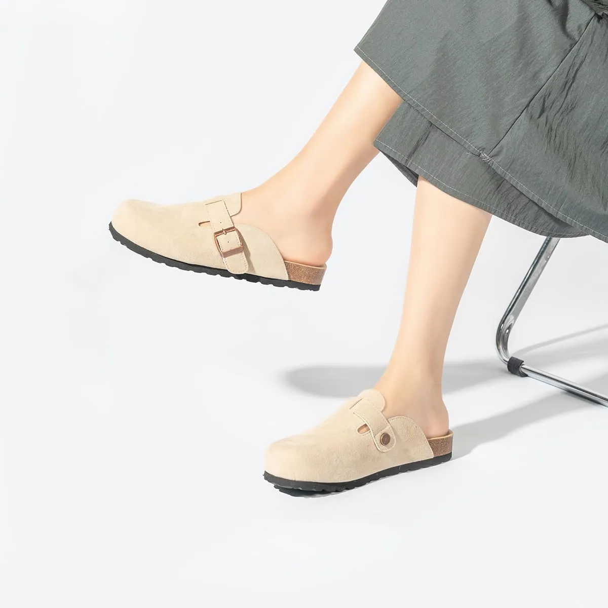 Women's and Men's Cork Suede Clogs and Mules,Soft Leather Sandal,House Slipper,Skin-Friendly Footbed,Adjustable Buckle,Arch Support