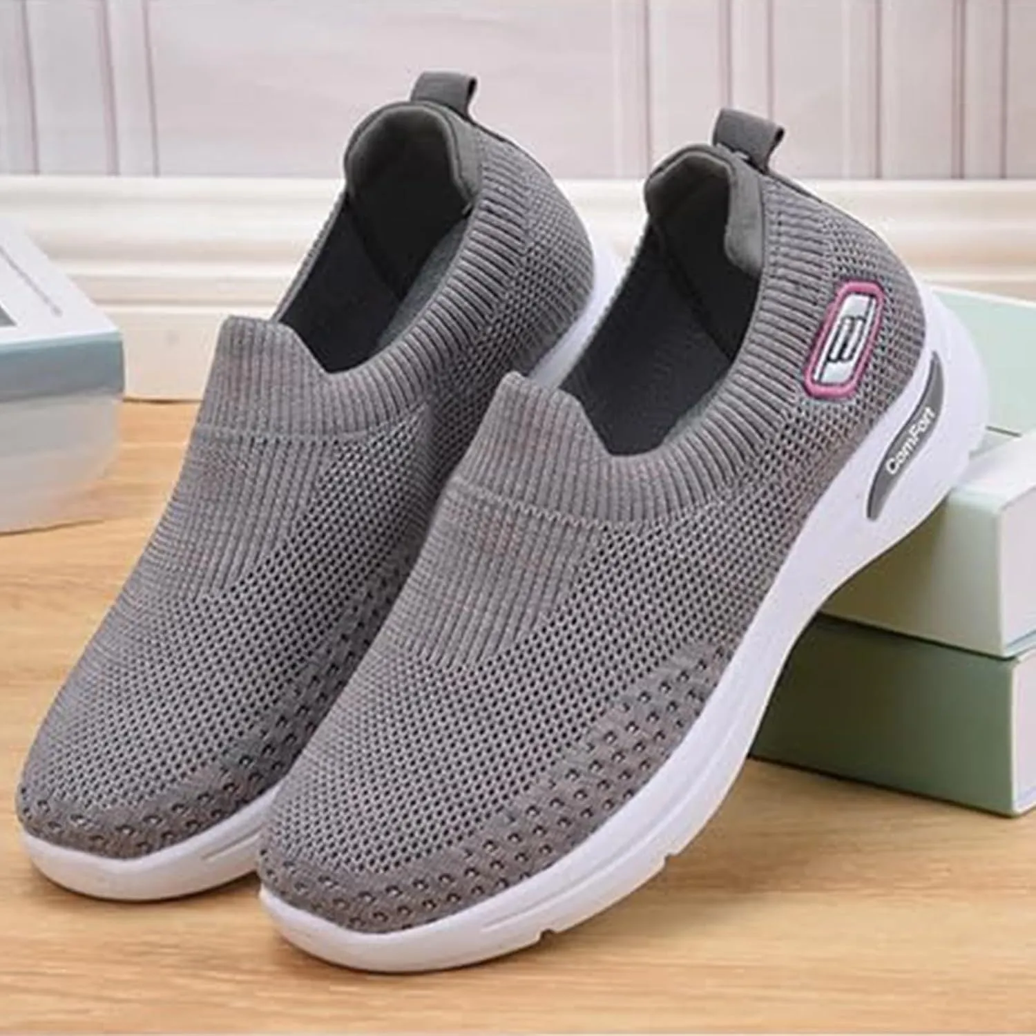 Women's Athletic Walking Shoes Comfort Lightweight Breathable Sock Shoe Arch Support Non Slip Work Shoes Breathable Knit Upper Lightweight for Plantar Fasciitis, Air Cushion Running, Work Shoe