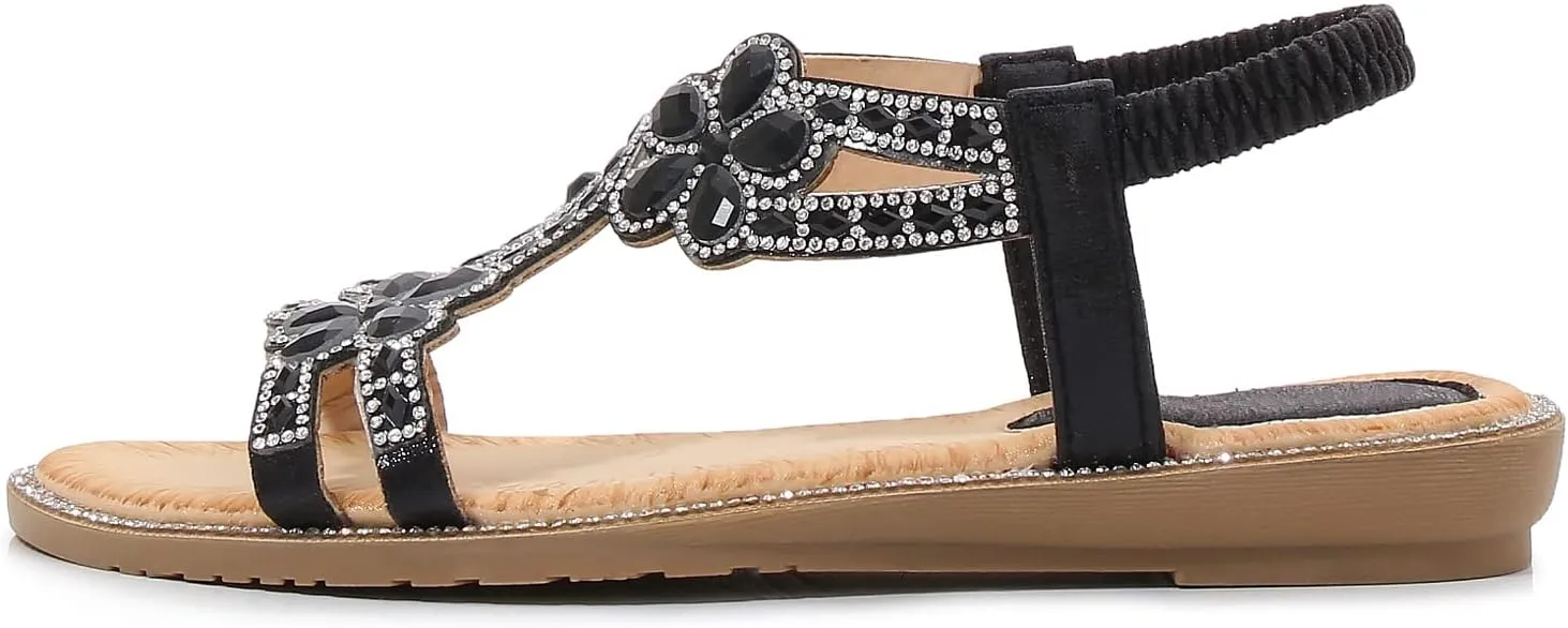 Women's Beaded Rhinestones Sandals T-Strap Bohemian Sandals Breathable Dressy Summer Shoes Outdoor