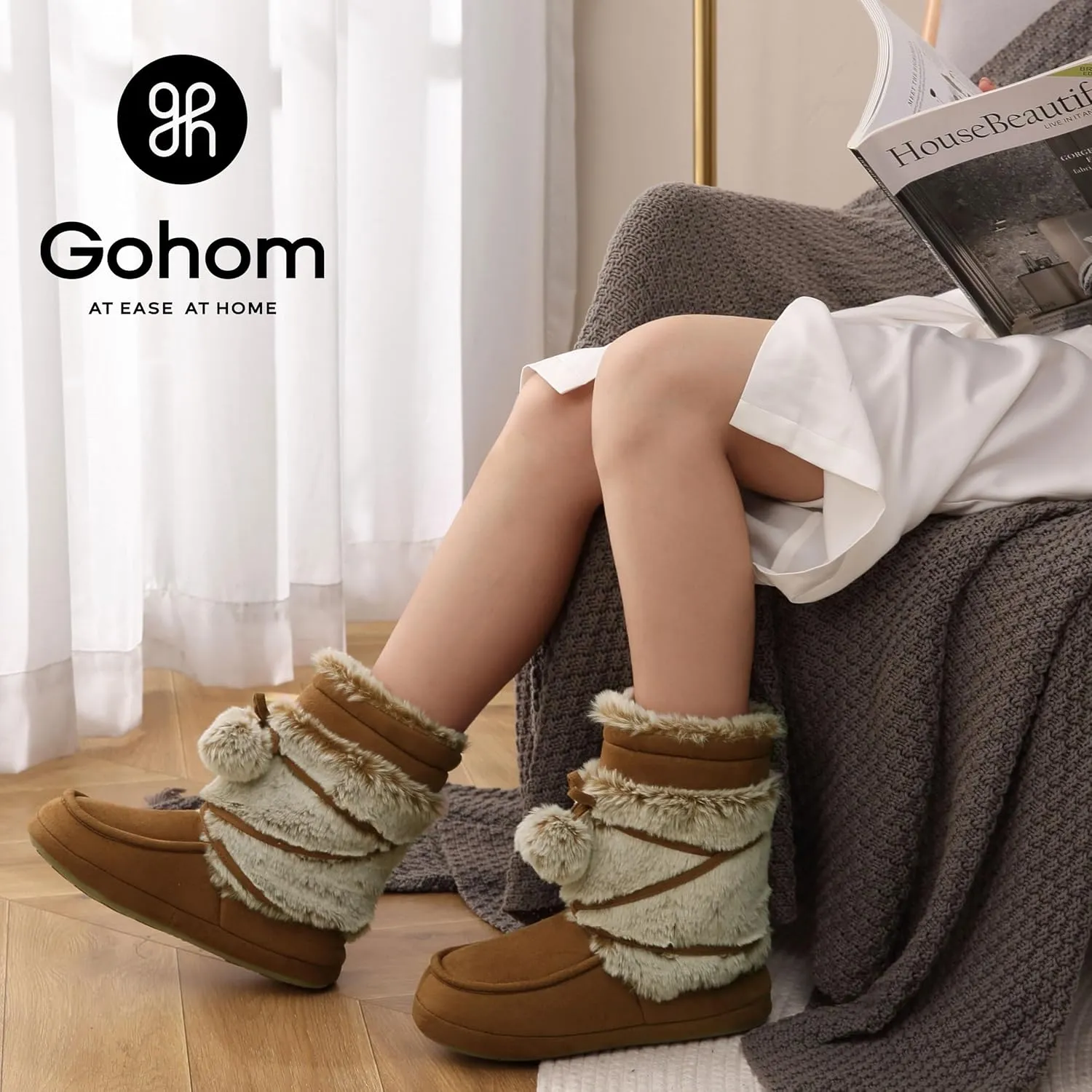 Women's Boots Slippers Fuzzy Warm Memory Foam Indoor House Shoes Booties Slippers with Non-slip Rubber Soles