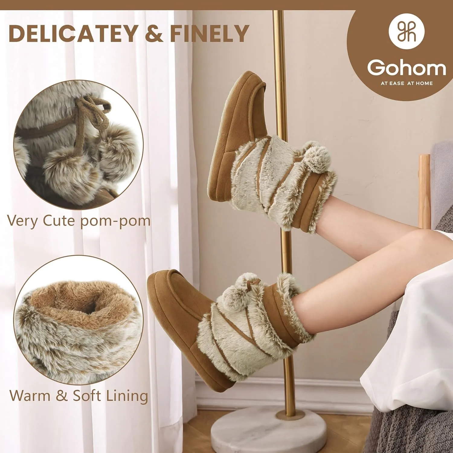 Women's Boots Slippers Fuzzy Warm Memory Foam Indoor House Shoes Booties Slippers with Non-slip Rubber Soles
