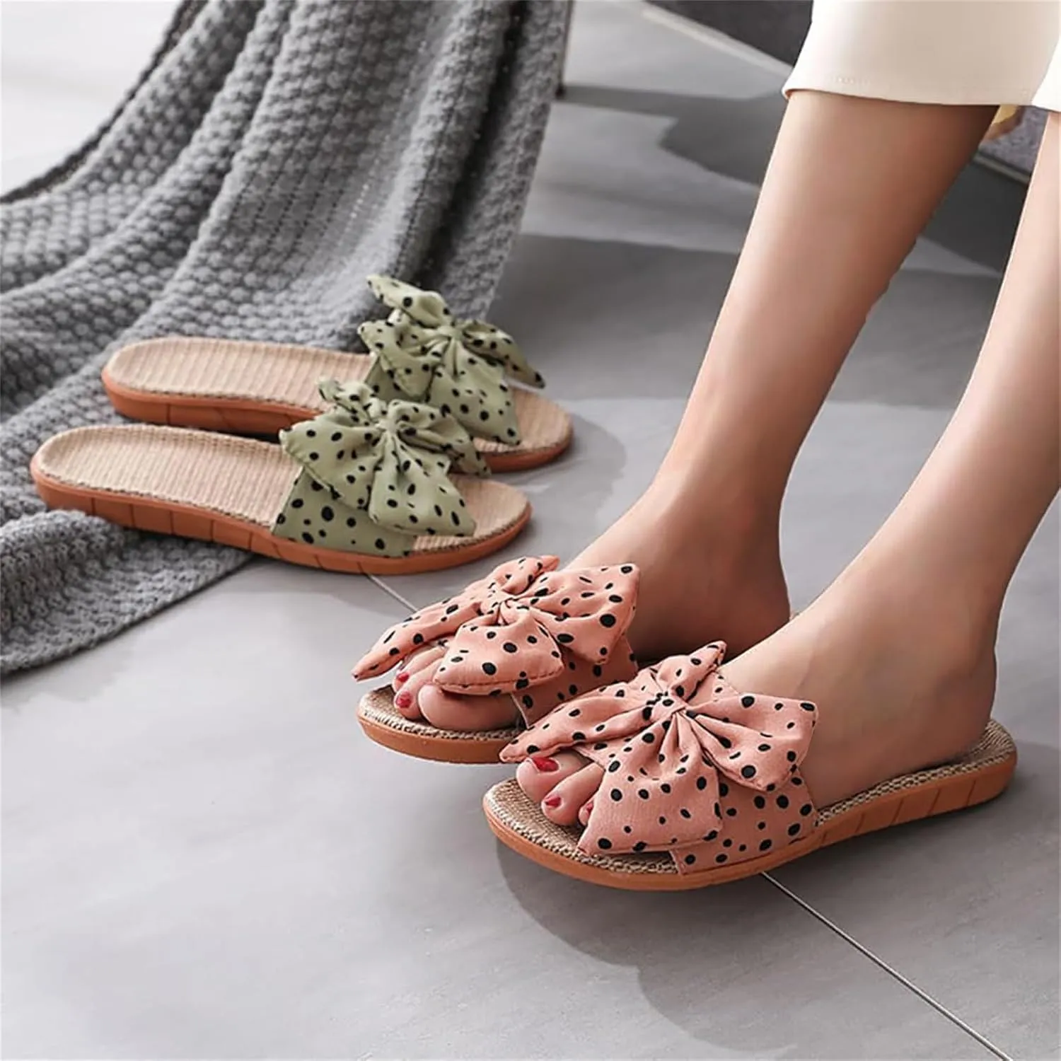 Women's Bow Knot Flat Sandals Breathable Summer House Slippers Casual Open Toe Slip On Sandal Non-Slip Cozy Indoor Slipper Flats Comfortable Beach Slide Sandals