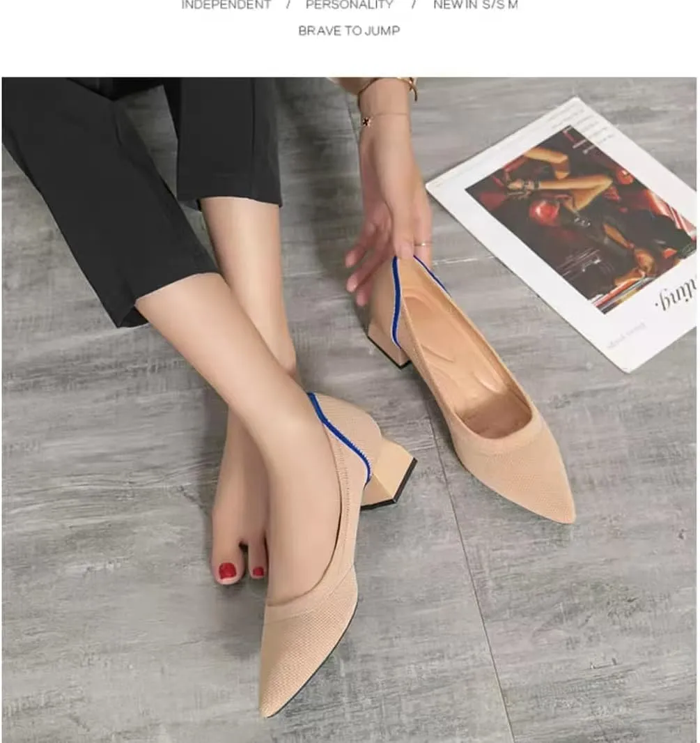 Womens Breathable Mesh Knitted Kitten Heels Pumps Classical Pointed Toe Comfortable Casual Formal Dress Party Shoes