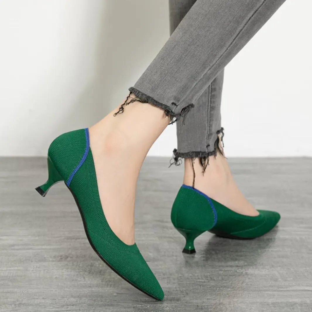 Womens Breathable Mesh Knitted Kitten Heels Pumps Classical Pointed Toe Comfortable Casual Formal Dress Party Shoes