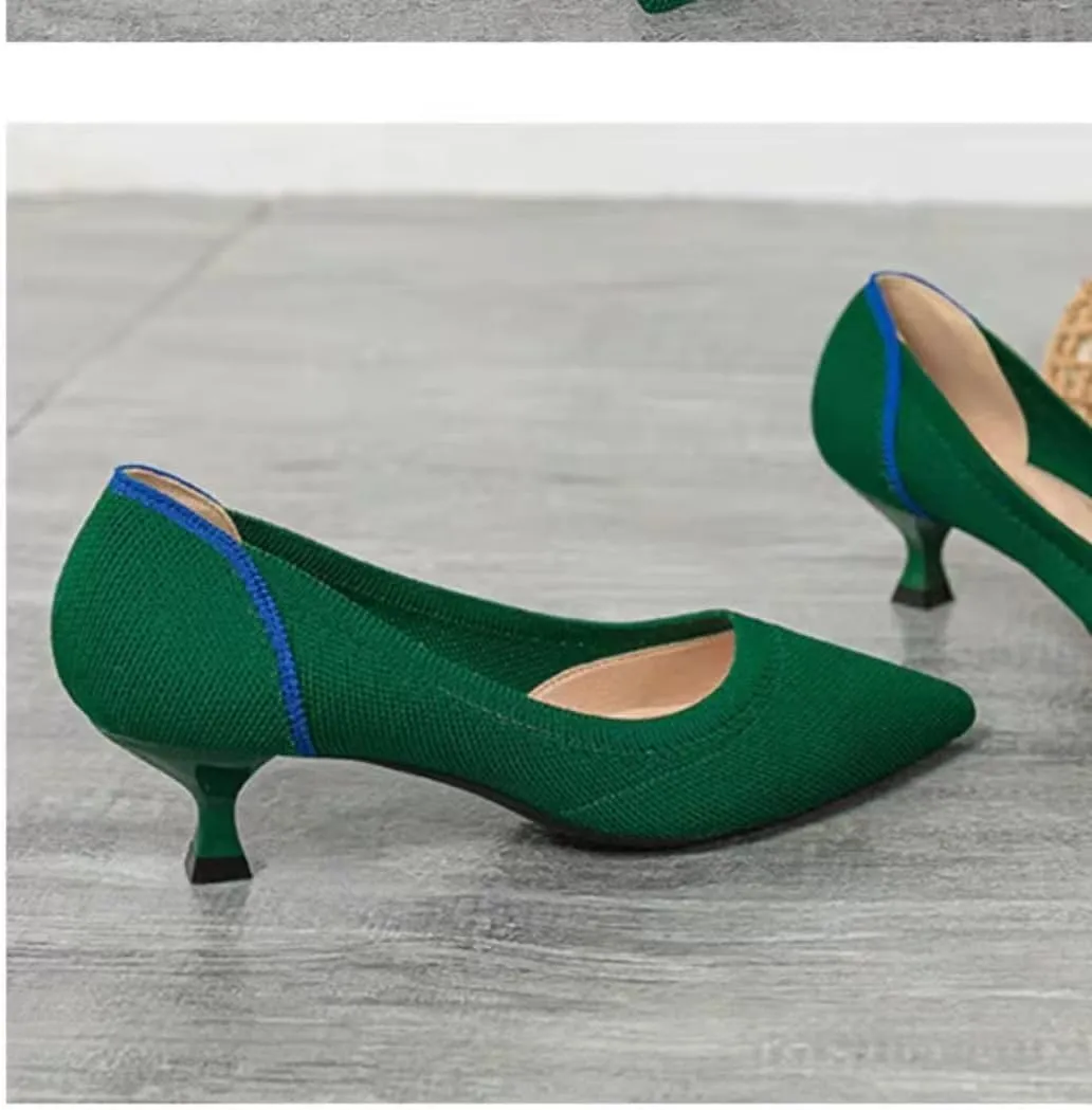 Womens Breathable Mesh Knitted Kitten Heels Pumps Classical Pointed Toe Comfortable Casual Formal Dress Party Shoes