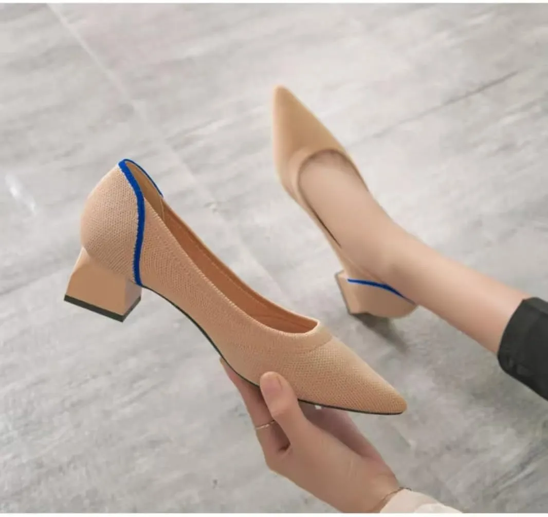 Womens Breathable Mesh Knitted Kitten Heels Pumps Classical Pointed Toe Comfortable Casual Formal Dress Party Shoes