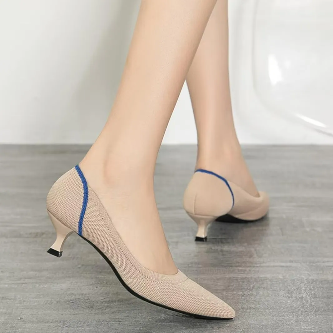 Womens Breathable Mesh Knitted Kitten Heels Pumps Classical Pointed Toe Comfortable Casual Formal Dress Party Shoes