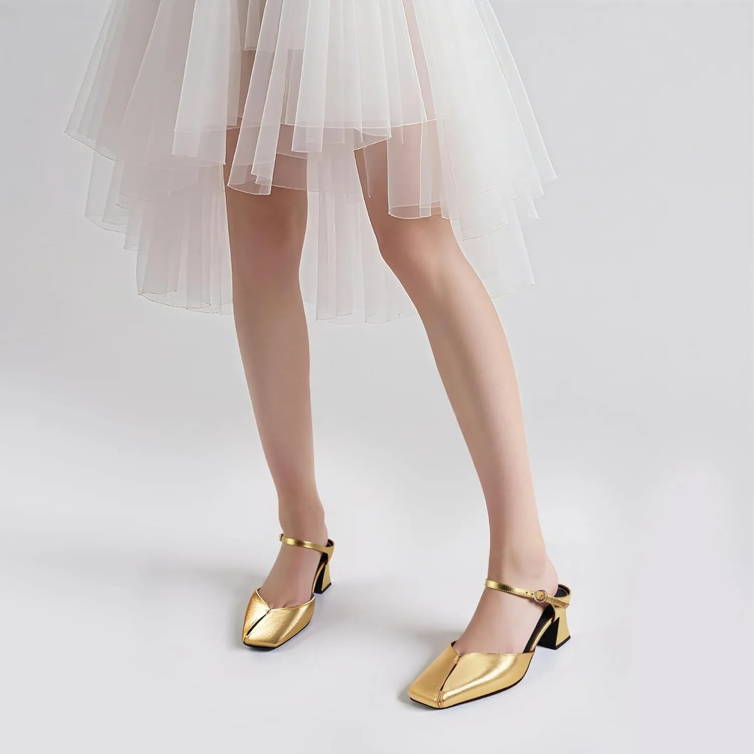 Women's Buckle Strap Square Closed Toe Slip On Block Mule Heels Comfort Dress Party Pumps