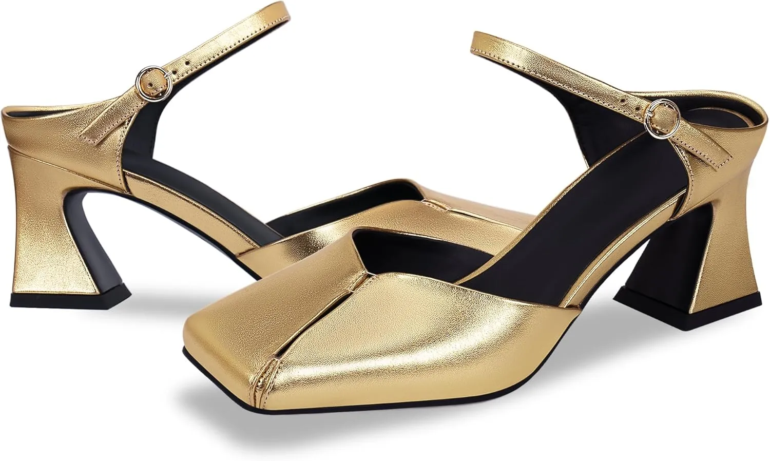 Women's Buckle Strap Square Closed Toe Slip On Block Mule Heels Comfort Dress Party Pumps