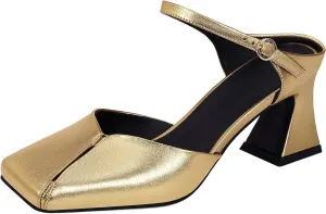 Women's Buckle Strap Square Closed Toe Slip On Block Mule Heels Comfort Dress Party Pumps