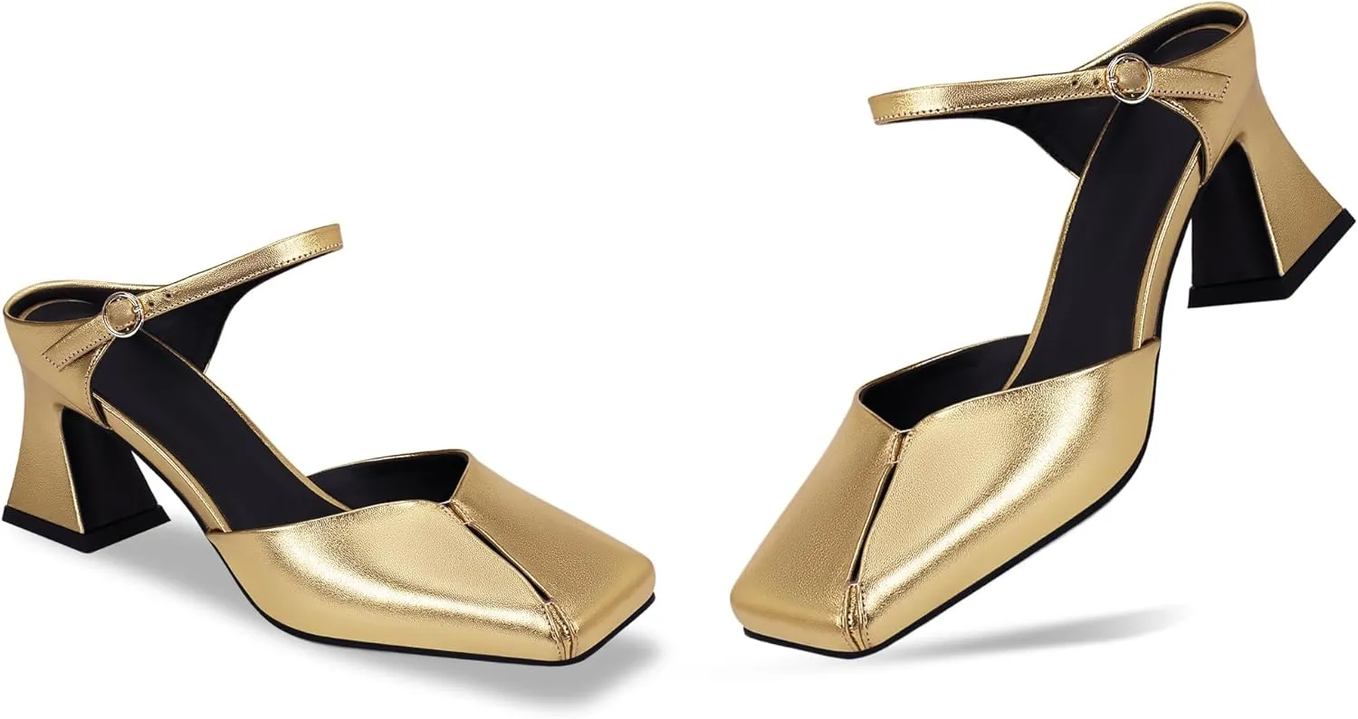 Women's Buckle Strap Square Closed Toe Slip On Block Mule Heels Comfort Dress Party Pumps