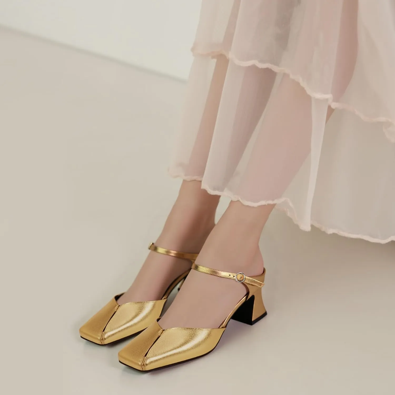 Women's Buckle Strap Square Closed Toe Slip On Block Mule Heels Comfort Dress Party Pumps