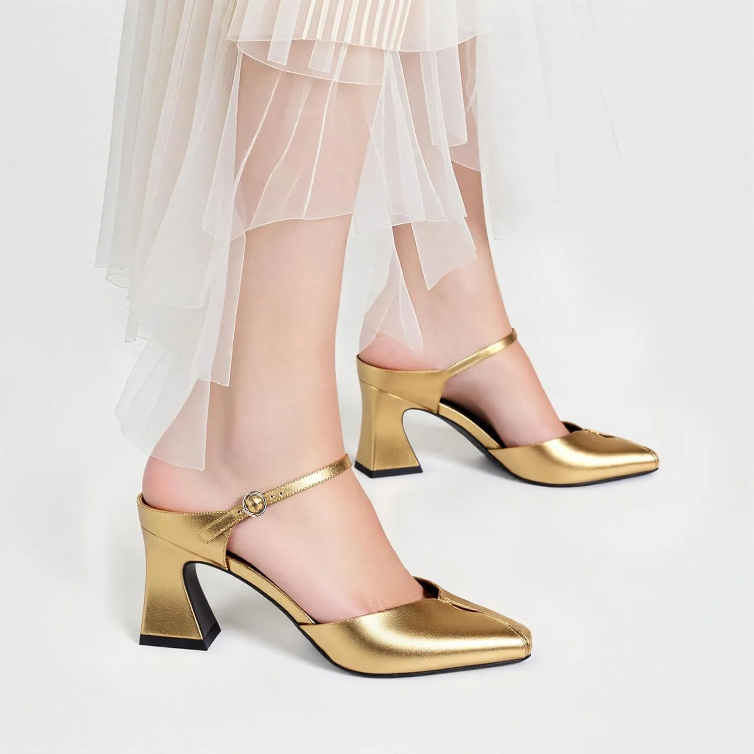 Women's Buckle Strap Square Closed Toe Slip On Block Mule Heels Comfort Dress Party Pumps