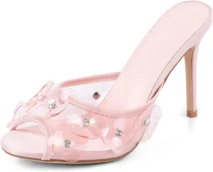 Womens Clear Round Toe Heels Stiletto Sandals Pink Strap High Heeled Mules Cute Crystal Flower Slip on Slippers for Women White Wedding Slides Summer Shoes
